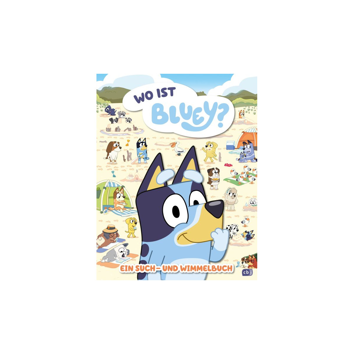 Cartoon-Hund Bluey steht am vollen Strand; deutscher Titel: Wo ist Bluey? Ein Such- und Wimmelbuch.