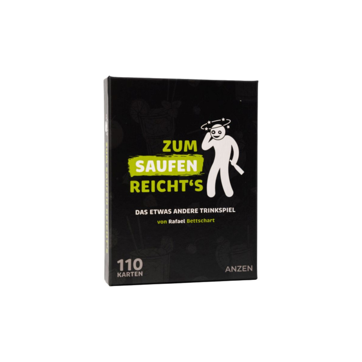 Schwarze Spielebox mit Cartoonfigur, Aufschrift: „Zum Saufen Reichts“ in weiß-grüner Schrift.