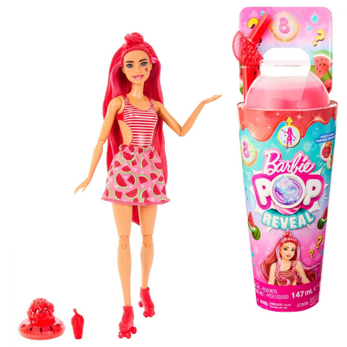 Barbie Pop Reveal Fruit Serie Wassermelone Puppe, 8 Überraschungen, Inklusive Haustier, Schleim, Duft Und Farbwechsel