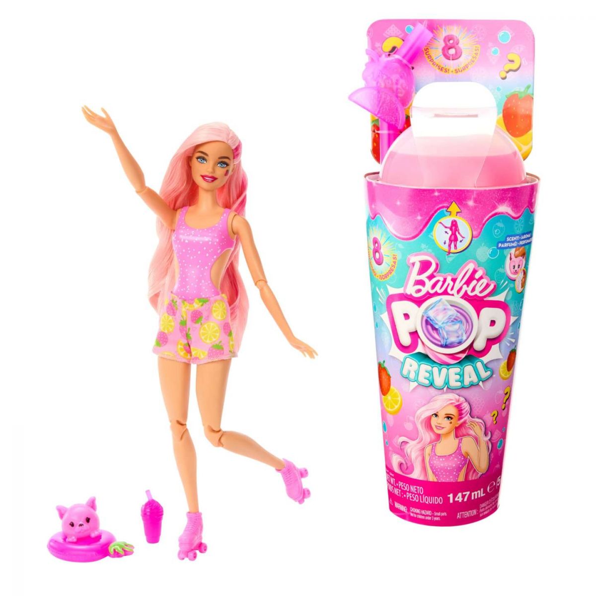 Barbie Pop Reveal Fruit Serie Erdbeerlimonade Puppe, 8 Überraschungen, Inklusive Haustier, Schleim, Duft Und Farbwechsel