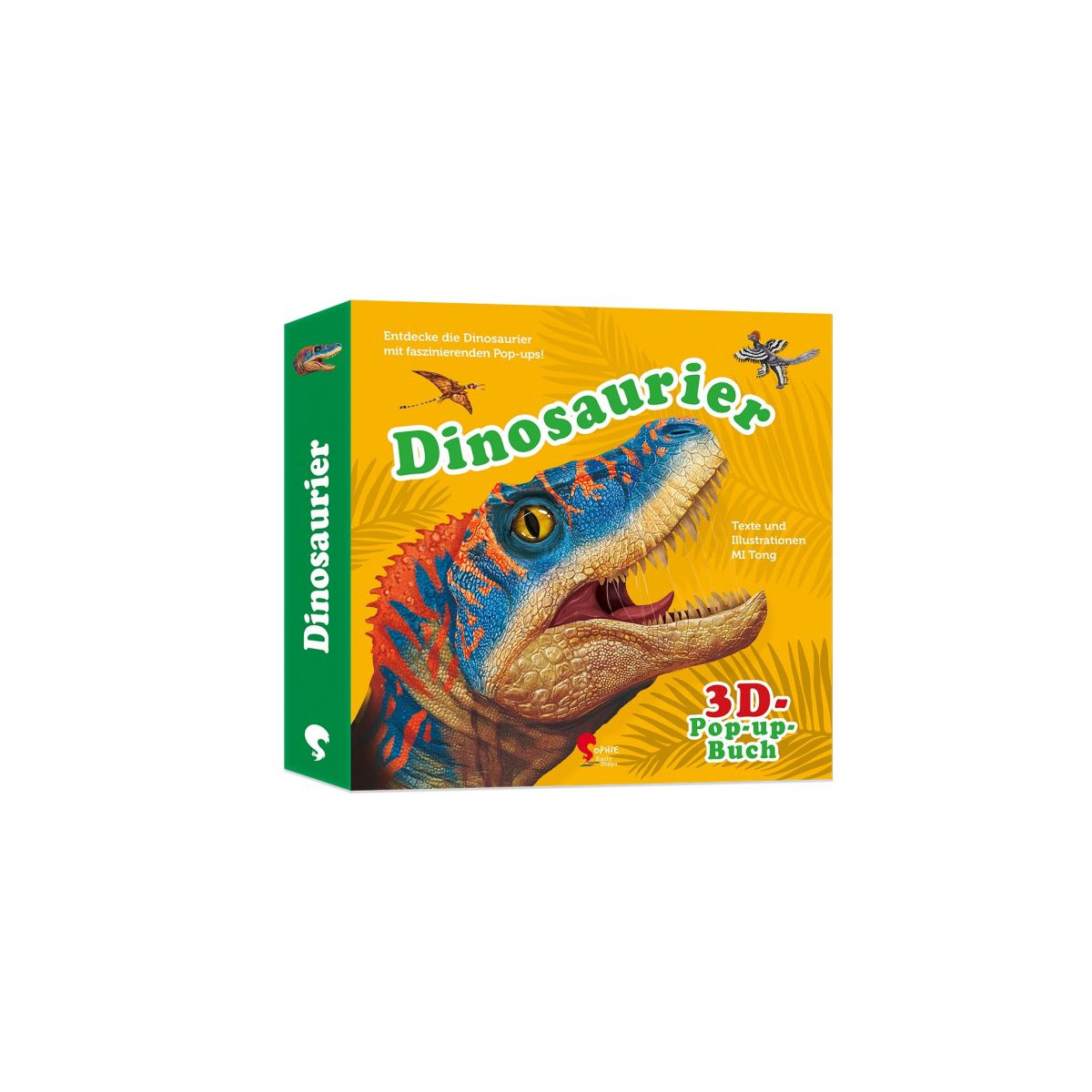 Farbiges deutsches Dinosaurier-Pop-up-Buch mit illustriertem Dino-Kopf auf dem gelben Cover.
