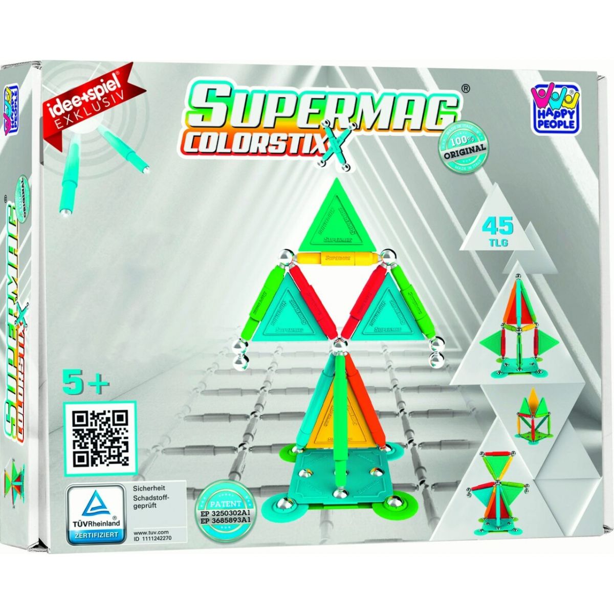 Supermag Colorstix Magnet-Bauset, 45 Teile, ab 5 Jahren; geometrische Formen auf der Verpackung. Supermag Colorstix Magnet-Bauset, 45 Teile, ab 5 Jahren; geometrische Formen auf der Verpackung.