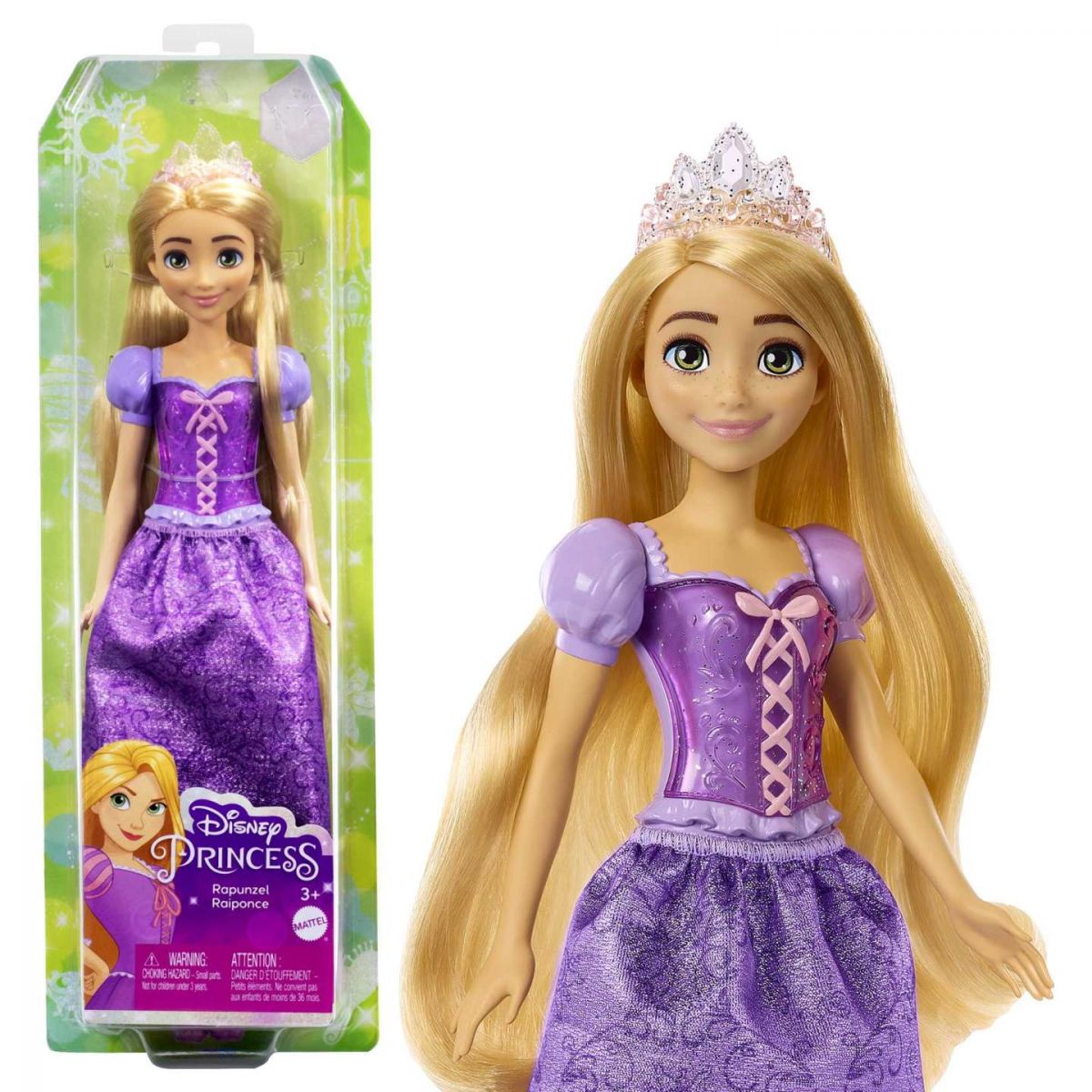 Disney Prinzessin Rapunzel Puppe im lila Kleid mit Tiara, abgebildet mit und ohne Verpackung.