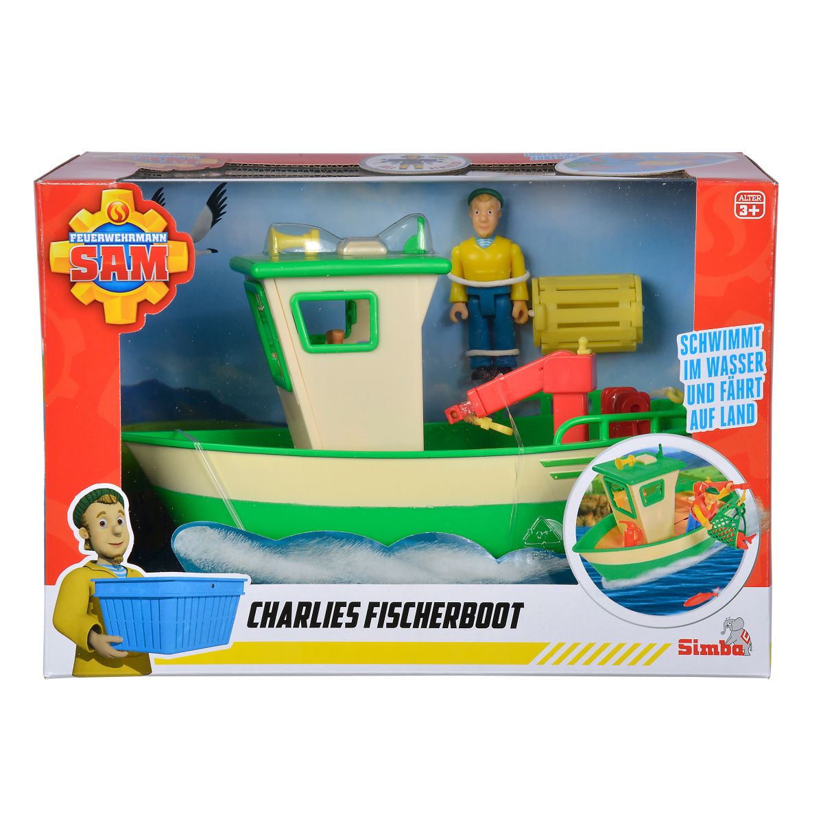 Feuerwehrmann Sam Charlie’s Fischerboot-Spielset mit Boot und Charlie-Figur, geeignet für Kinder ab 3 Jahren.