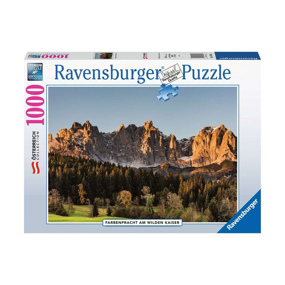 Ravensburger Puzzle mit 1000 Teilen, zeigt das sonnenbeschienene Bergmassiv Wilder Kaiser und einen Wald.