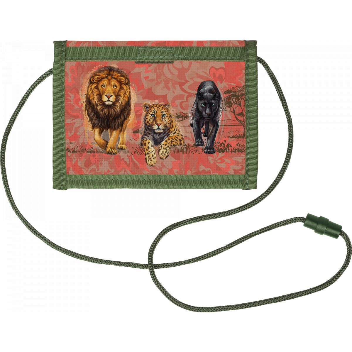 Grünes Lanyard-Portemonnaie mit Löwen-, Leoparden- und Panthermotiven auf rotem, gemustertem Hintergrund.
