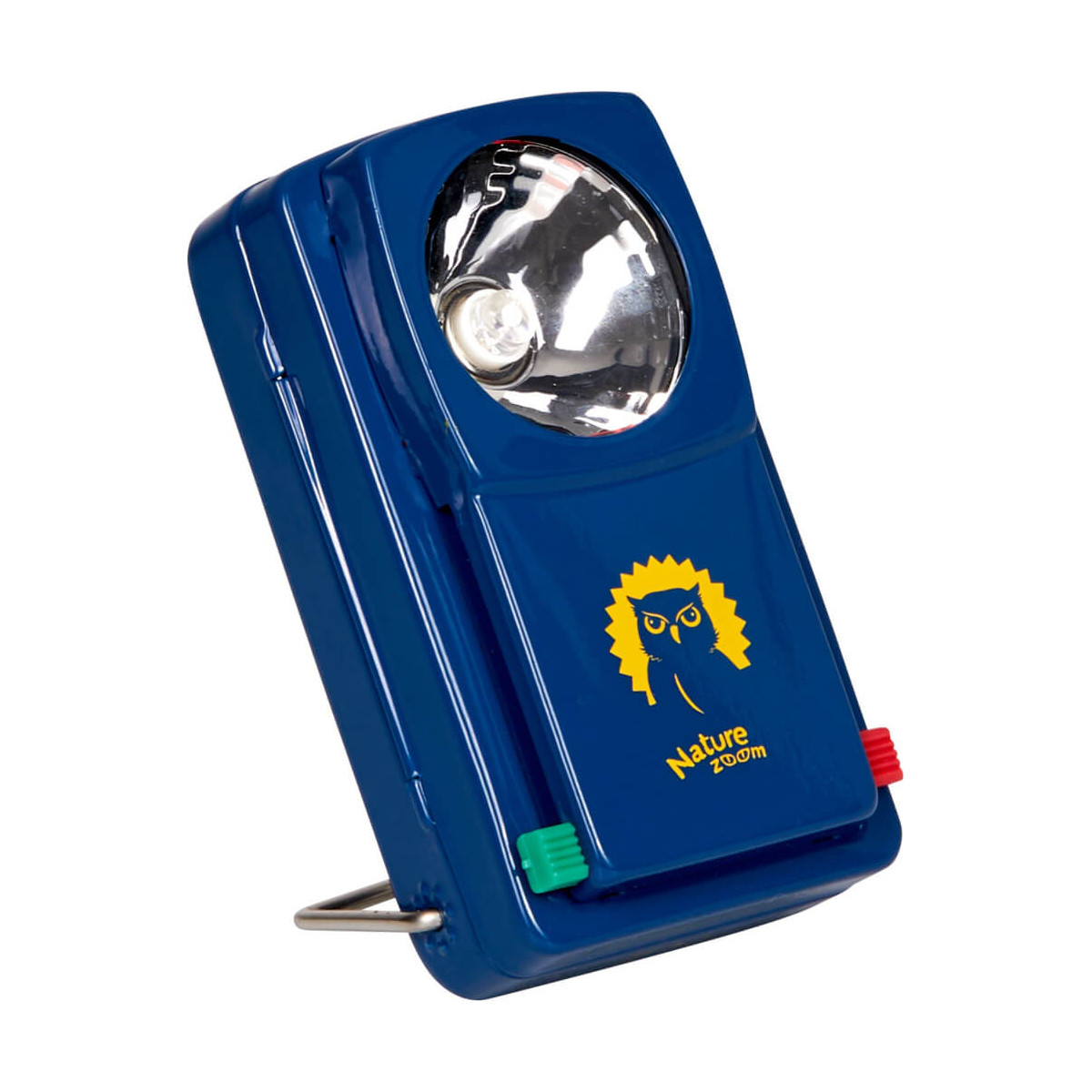 Blaue Taschenlampe mit reflektierender Birne und gelbem Eulenlogo, beschriftet mit „Nature Zoom“.