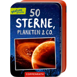 Blechdose „50 Sterne, Planeten & Co“ mit Abbildung von Planet und Sternen vor Nachthimmel.