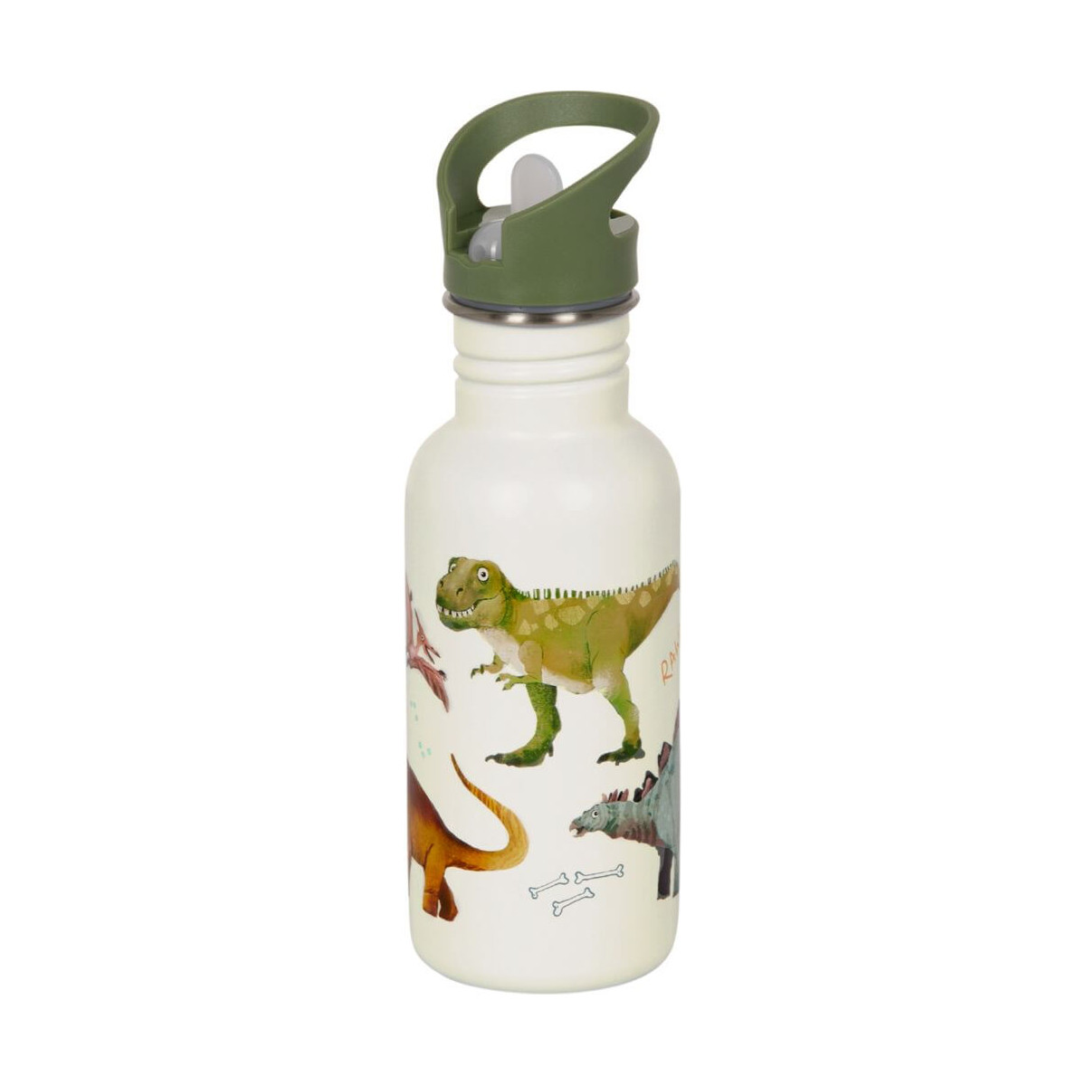 Weiße Trinkflasche mit grünem Deckel, verziert mit bunten Dinosauriern und kleinen Knochenmotiven.
