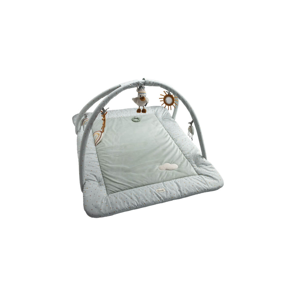 Weiches Babygym mit Hängespielzeug und gepolsterter Matte in Pastelltönen auf weißem Hintergrund.