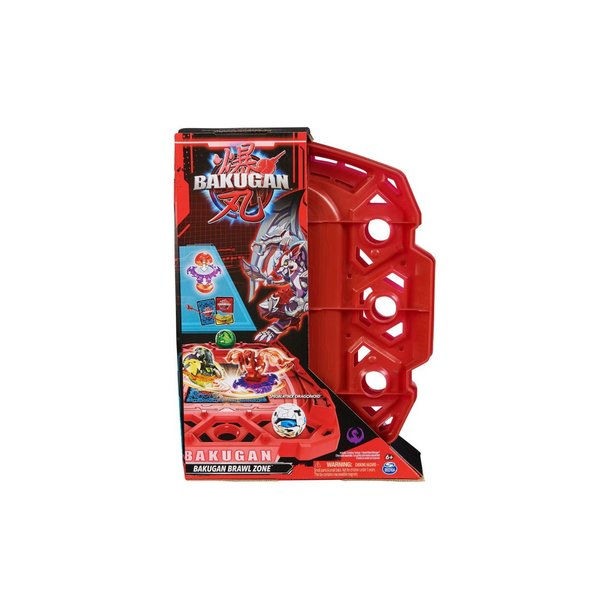Bakugan Brawl Zone Spielset in roter Verpackung mit Spielarena und Bakugan-Kampfbildern.