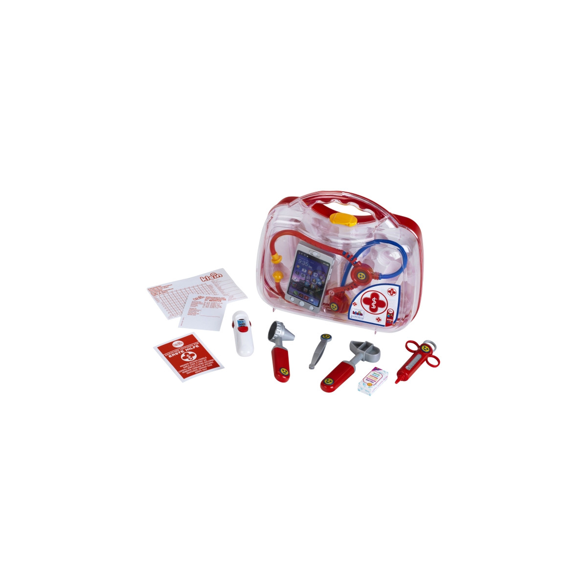 Spielarzt-Set mit medizinischem Zubehör, Rezept und roter Tasche auf weißem Hintergrund präsentiert.