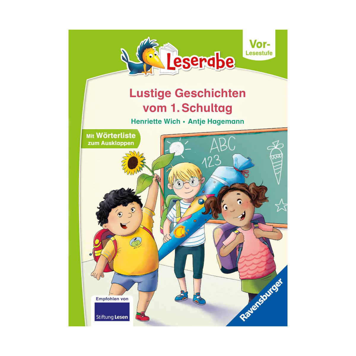 Drei fröhliche Kinder mit Schulranzen feiern auf einem bunten deutschen Buchcover ihren ersten Schultag.