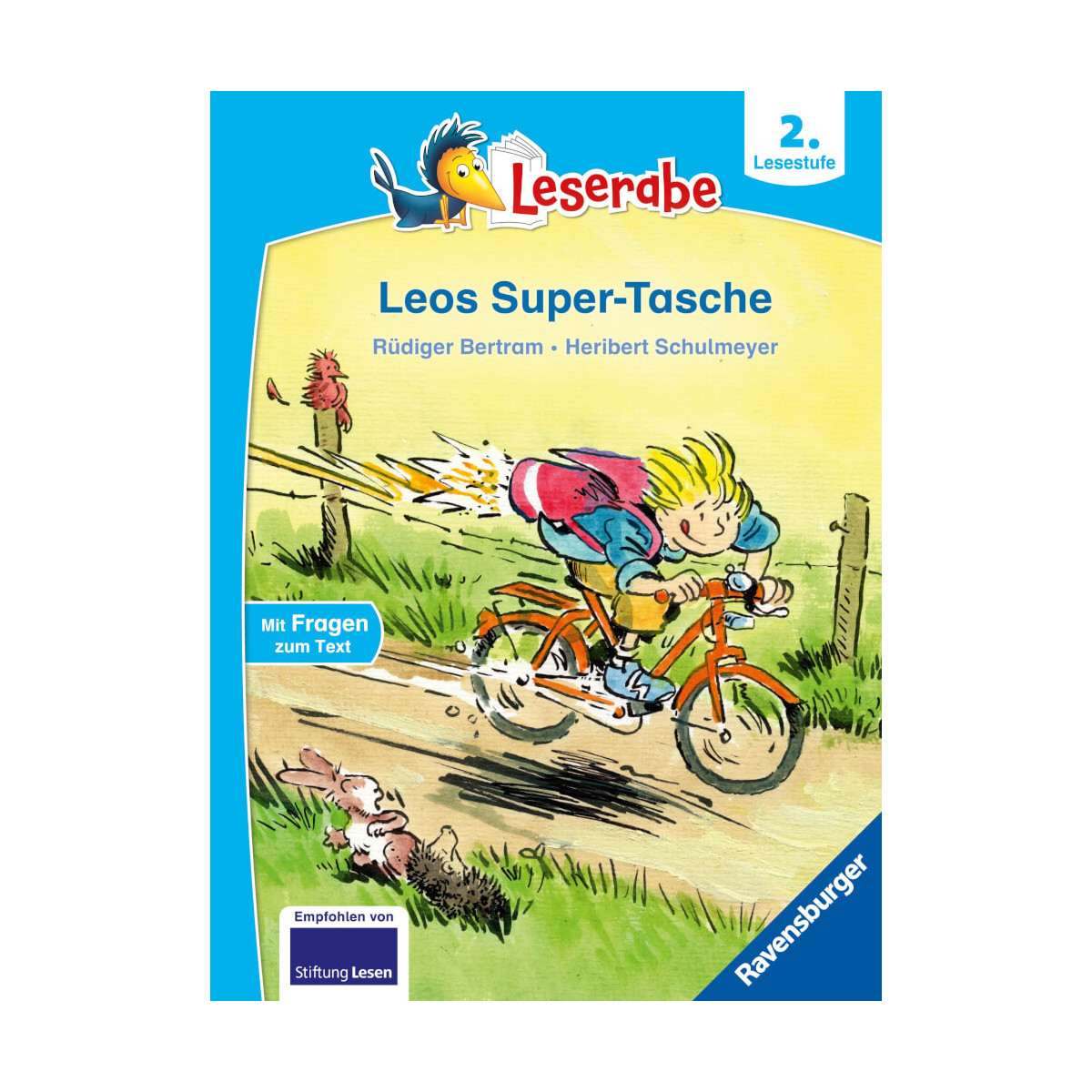 Ein Junge fährt schnell Rad, dabei fallen Dinge aus seiner Tasche. Zwei Tiere beobachten ihn überrascht. Buchcover Deutsch.