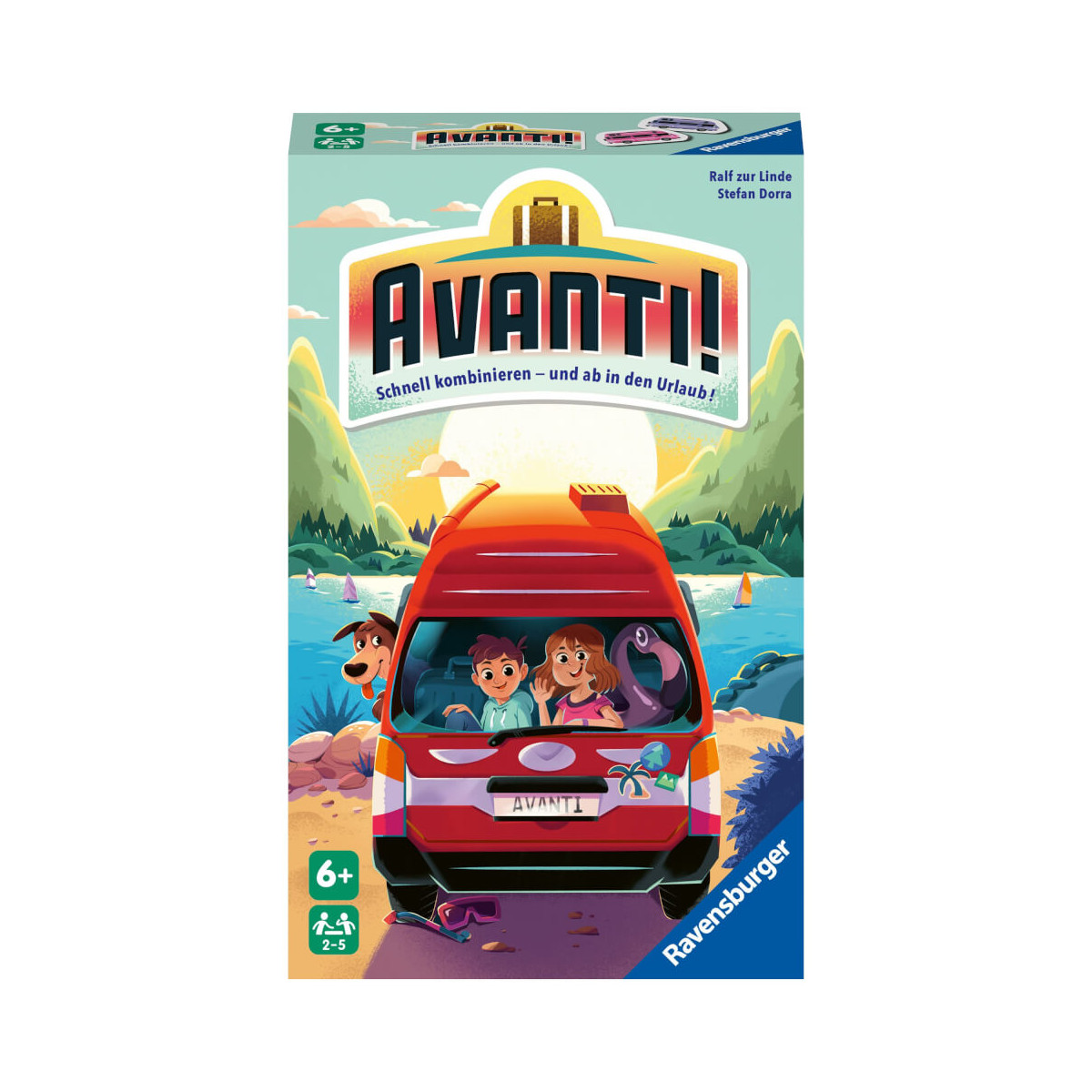 Die bunte Avanti!-Box zeigt eine Familie, die in einem roten Van durch eine malerische Landschaft fährt.