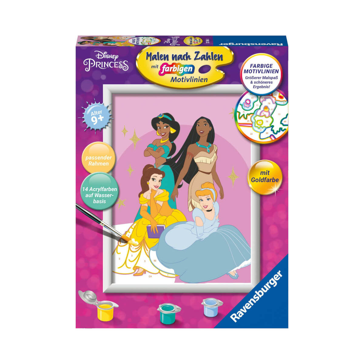 Box eines Disney-Prinzessinnen-Malsets mit Cinderella, Belle, Jasmin und Aurora auf dem Cover.