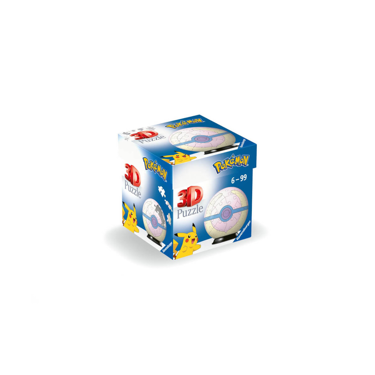 Blaue 3D-Puzzlebox im Pokémon-Design mit Pokéball und Pikachu, geeignet für Kinder ab 6 Jahren.