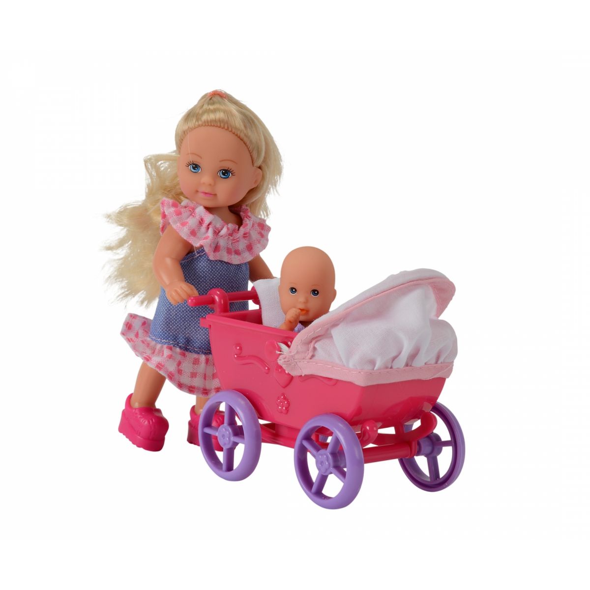 Blonde Puppe im rosa Kleid schießt einen rosa Puppenwagen mit einer Babypuppe darin.