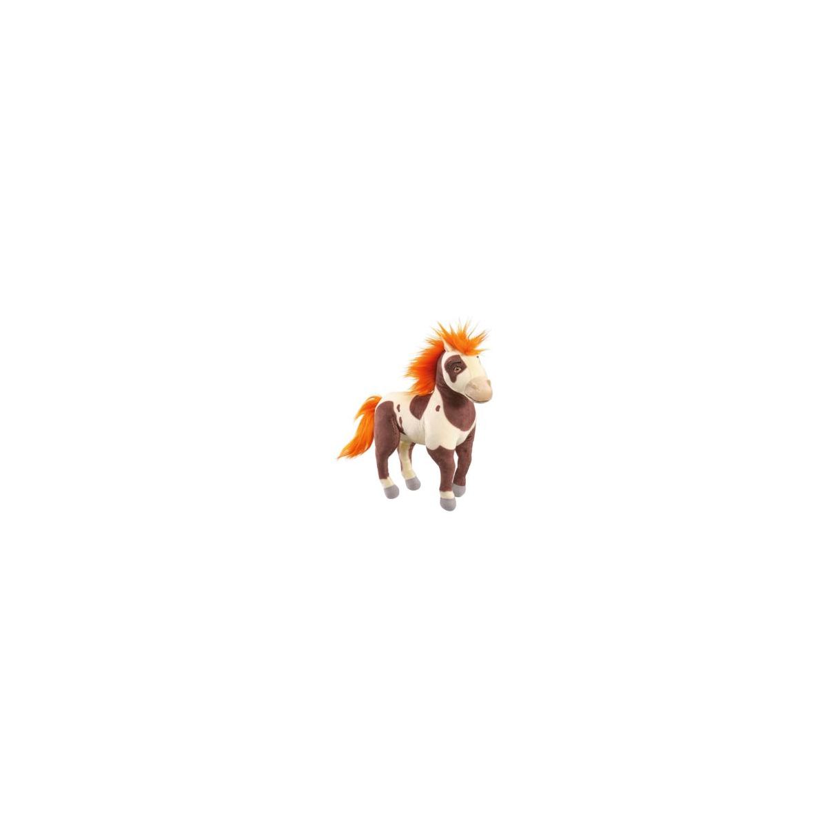 Plüschpferd mit braun-weißem Fell sowie orangefarbener Mähne und Schweif vor weißem Hintergrund.