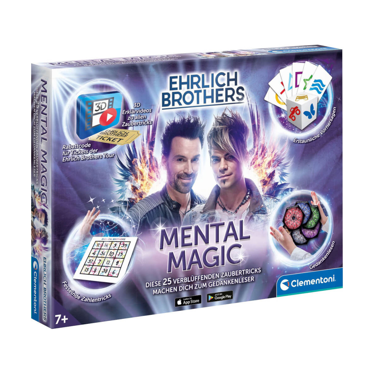 Zauberkasten „Box of Mental Magic“ der Ehrlich Brothers mit Abbildung der Brüder und Zauberrequisiten auf dem Cover.