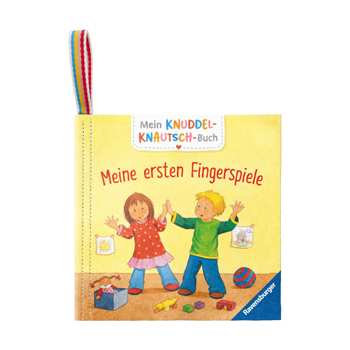 Deutsches Kinderbuchcover mit zwei spielenden Kindern, Spielzeug am Boden und einem Regenbogenband oben.
