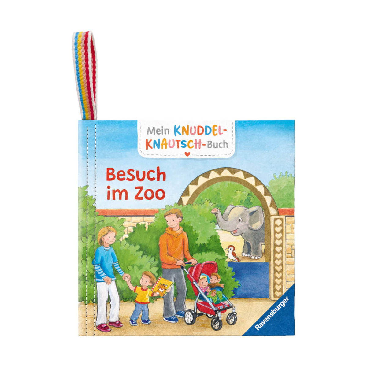 Familie im Zoo auf einem illustrierten Kinderbuchcover, im Hintergrund ist ein Elefant zu sehen.