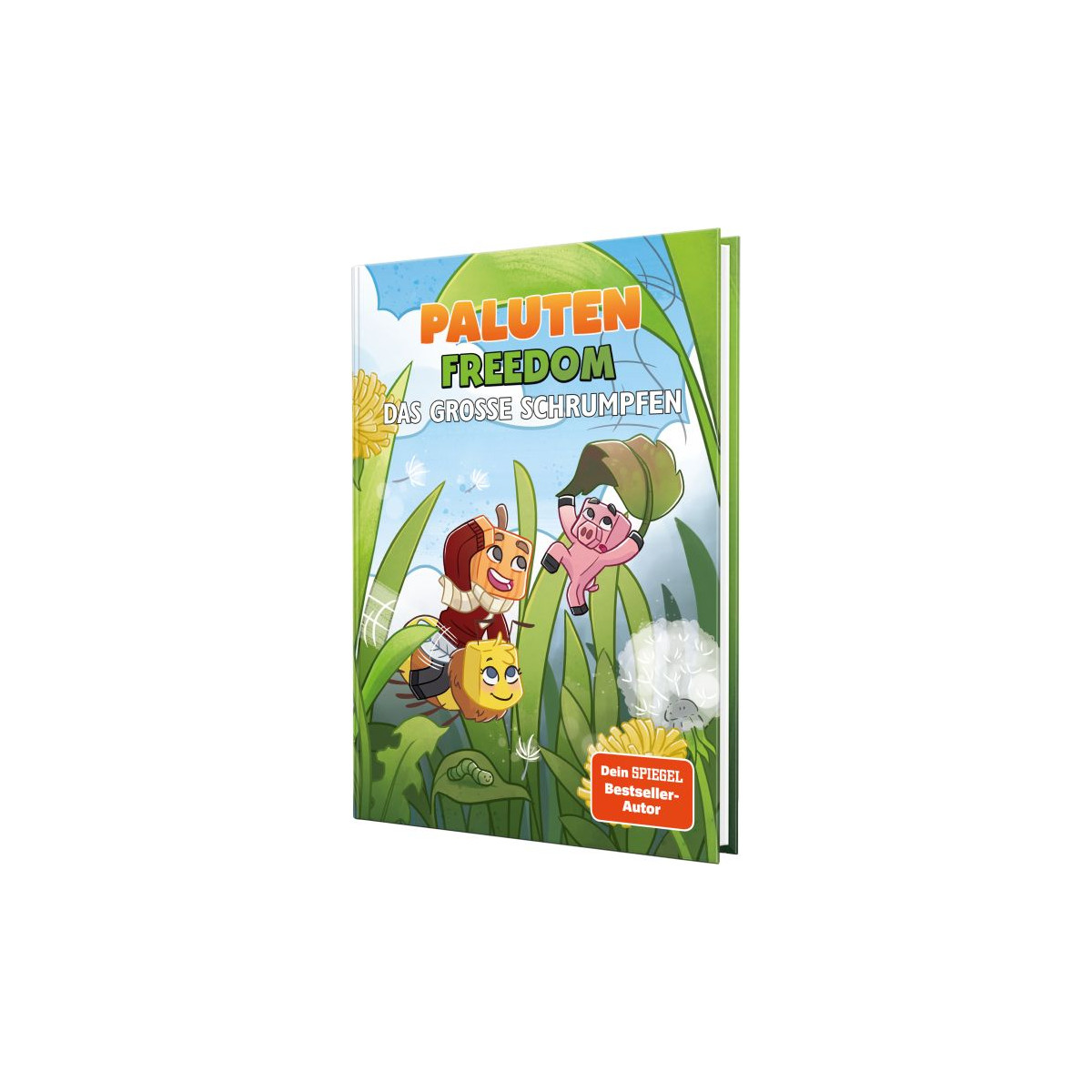 Buchcover von "Paluten Freedom: Das große Schrumpfen" mit Comic-Figuren auf einer Schnecke im hohen Gras.