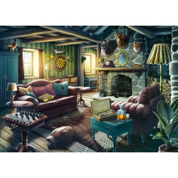 img_0:Rustikales Wohnzimmer mit Kamin, Schachbrett, Bärenfell und Tierköpfen an den Wänden.