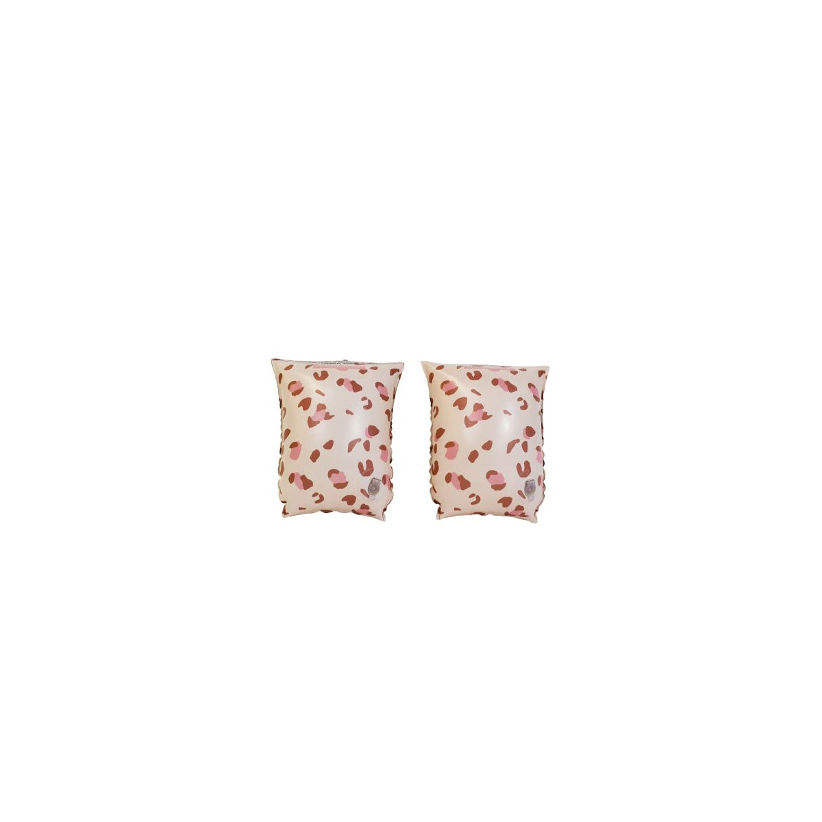 Zwei aufblasbare Schwimmflügel mit rosa-braunem Leopardenmuster auf weißem Grund.