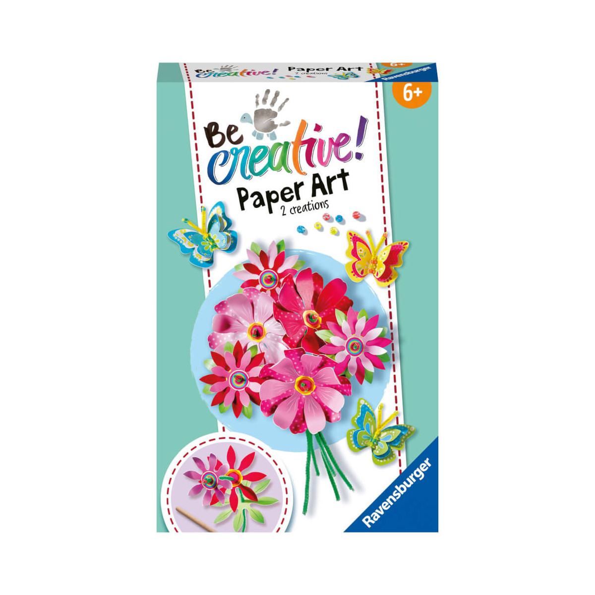 Seien Sie kreativ! Papier-Kunst-Set mit bunten Blumen und Schmetterlingen, geeignet ab 6 Jahren.