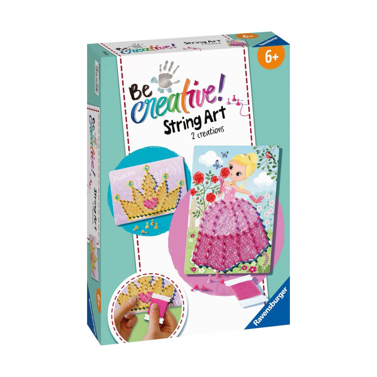 Ravensburger String Art Kit „Be Creative!“ mit Motiven von Krone und Mädchen im rosa Kleid.
