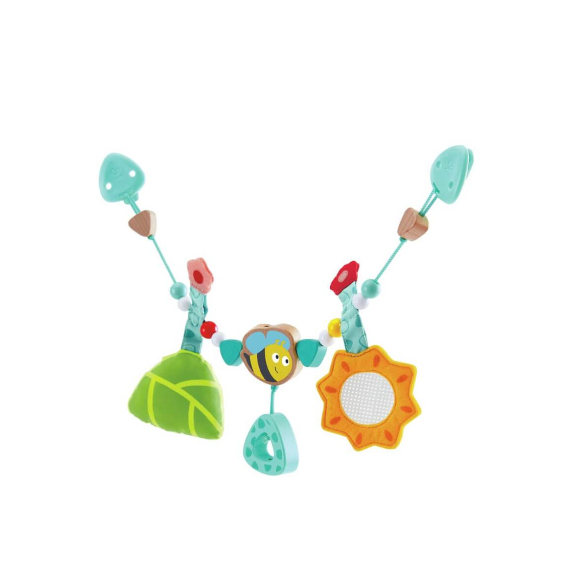 Bunter Kinderwagenanhänger mit Biene, Sonne, Blatt und Blume als hängende Formen.