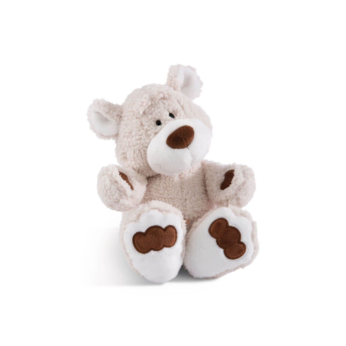 Ein beiger Teddybär mit brauner Nase und Pfoten sitzt vor einem weißen Hintergrund.