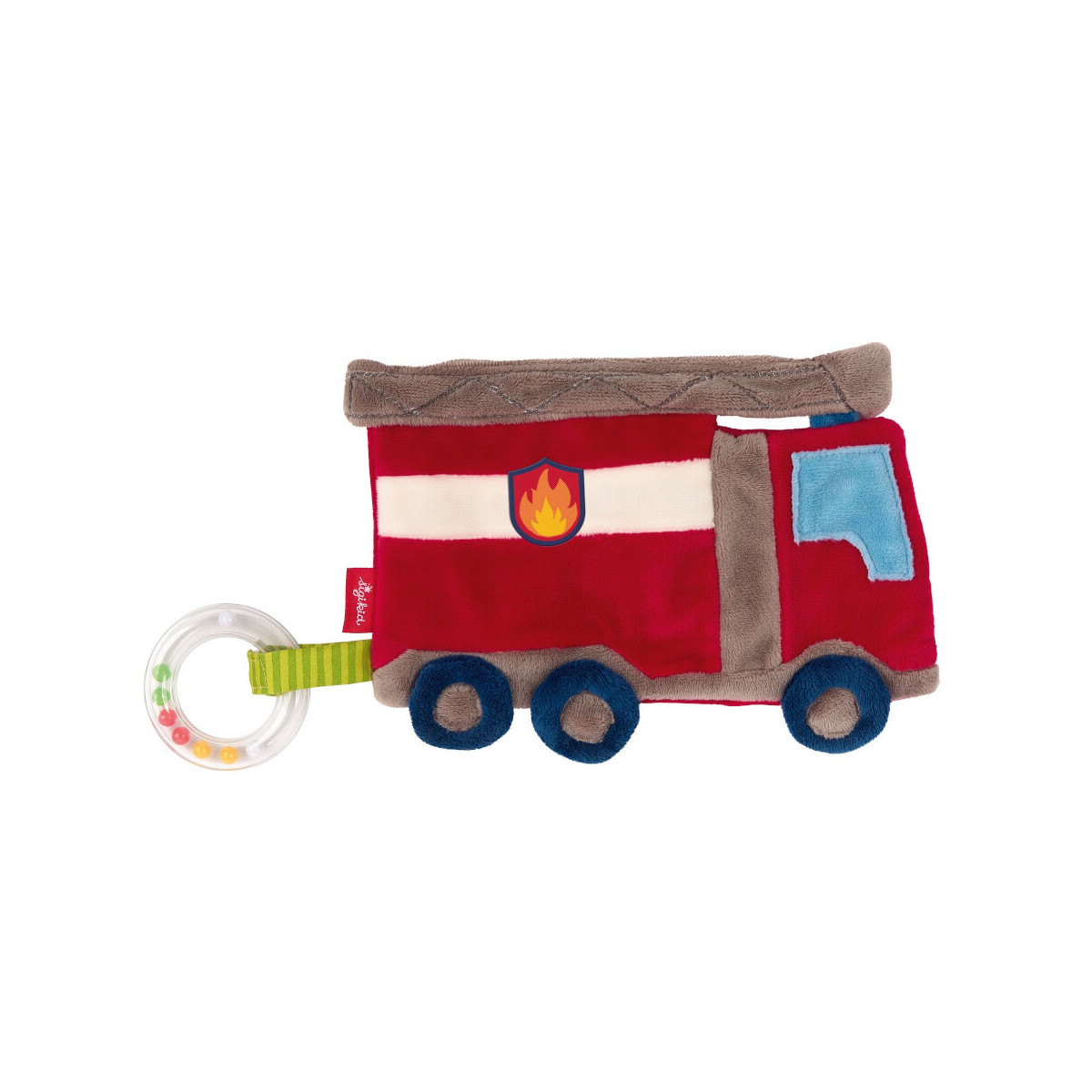 Plüsch-Feuerwehrauto mit blauen Rädern, Feueremblem und an der Seite angebrachtem Rasselring.
