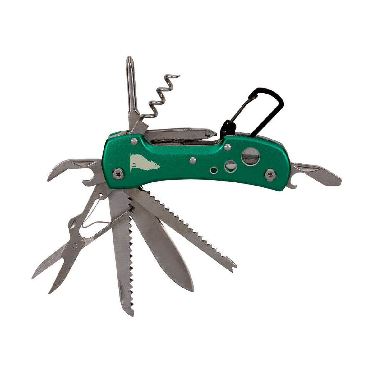 Grünes Multifunktions-Taschenmesser mit ausklappbaren Werkzeugen wie Schere, Säge und Korkenzieher.