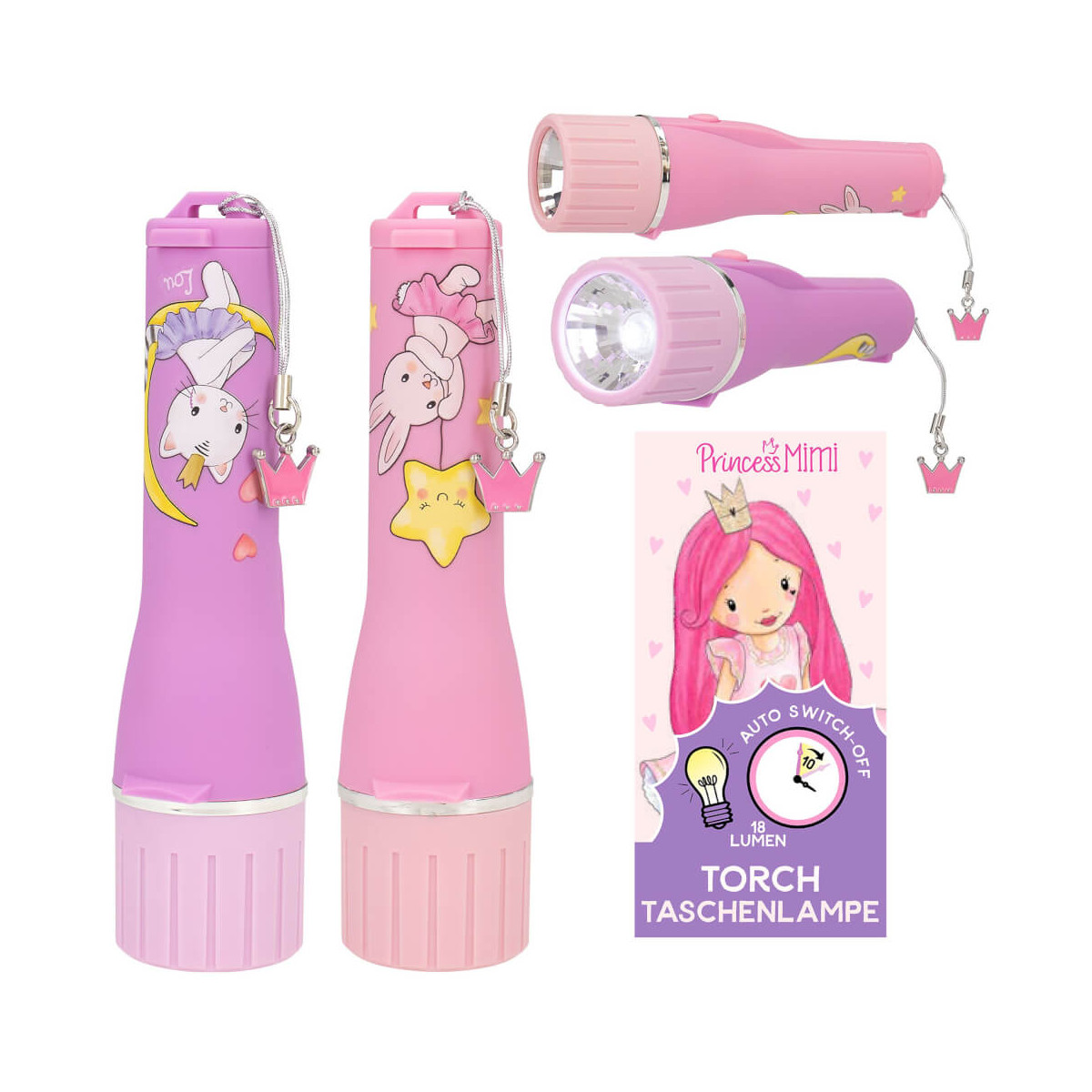Zwei pastellfarbene Princess Mimi Taschenlampen mit Tiermotiven und Verpackung mit Comic-Mädchen.