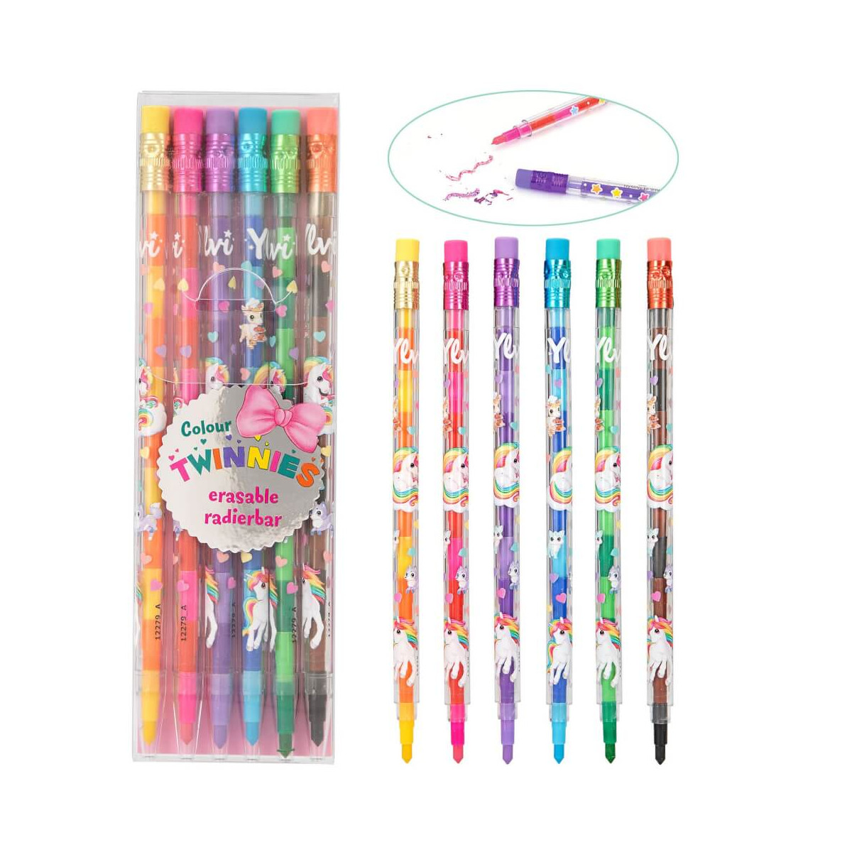 Acht bunte, radierbare Gelstifte mit Einhorn-Motiven in transparenter Box.