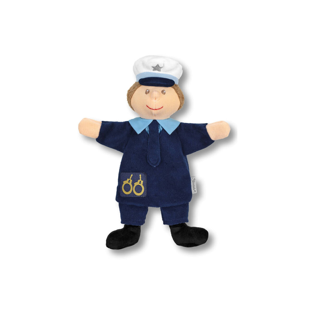 Plüsch-Polizist in blauer Uniform, mit Krawatte und weißer Mütze samt Stern.