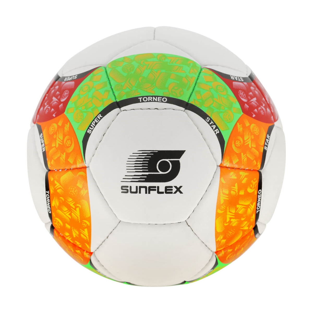 Weißer Sunflex-Fußball mit grünen, gelben und orangen Panels sowie schwarzem Text und Logo.