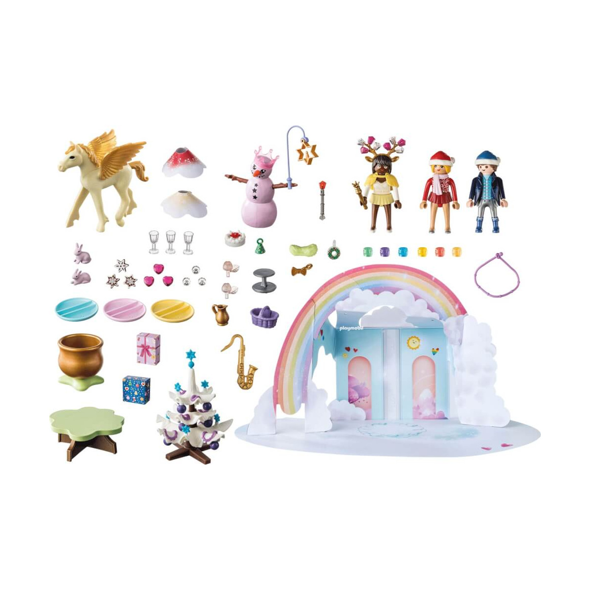 Buntes Fantasy-Spielset mit Figuren, Regenbogenschloss, Einhorn, Schneemann und verschiedenen kleinen Accessoires.