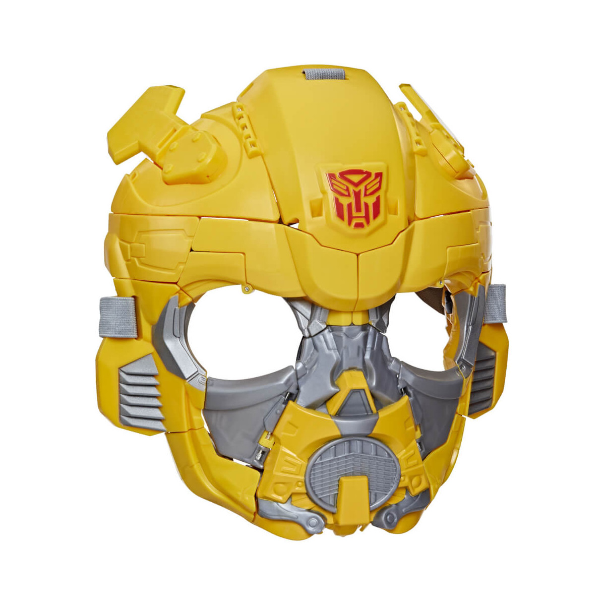 Gelbe und graue Bumblebee-Maske von Transformers mit Autobot-Logo auf der Stirn.