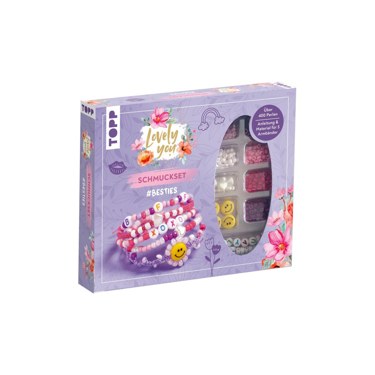 Lila Schmuck-Set mit Perlen, Blumen und Beispielarmbändern, vorne mit "#BESTIES" beschriftet.