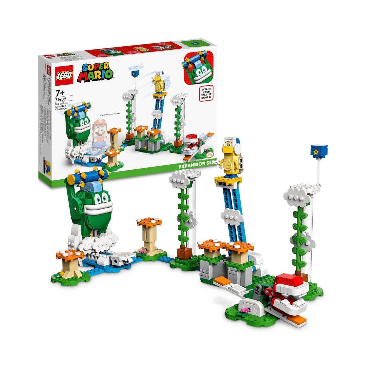 LEGO Super Mario Erweiterungsset mit Yoshi-Figur, Pflanzen, Plattformen und Box im Hintergrund.