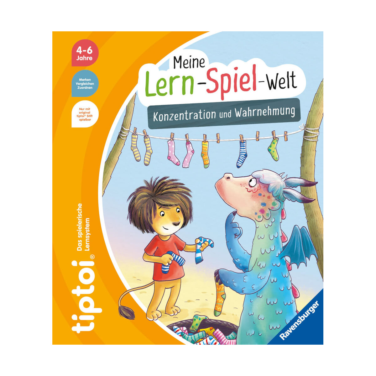 Ein Kind und ein Drache hängen Wäsche auf; Ein Spiel heißt „Meine Lern-Spiel-Welt“.