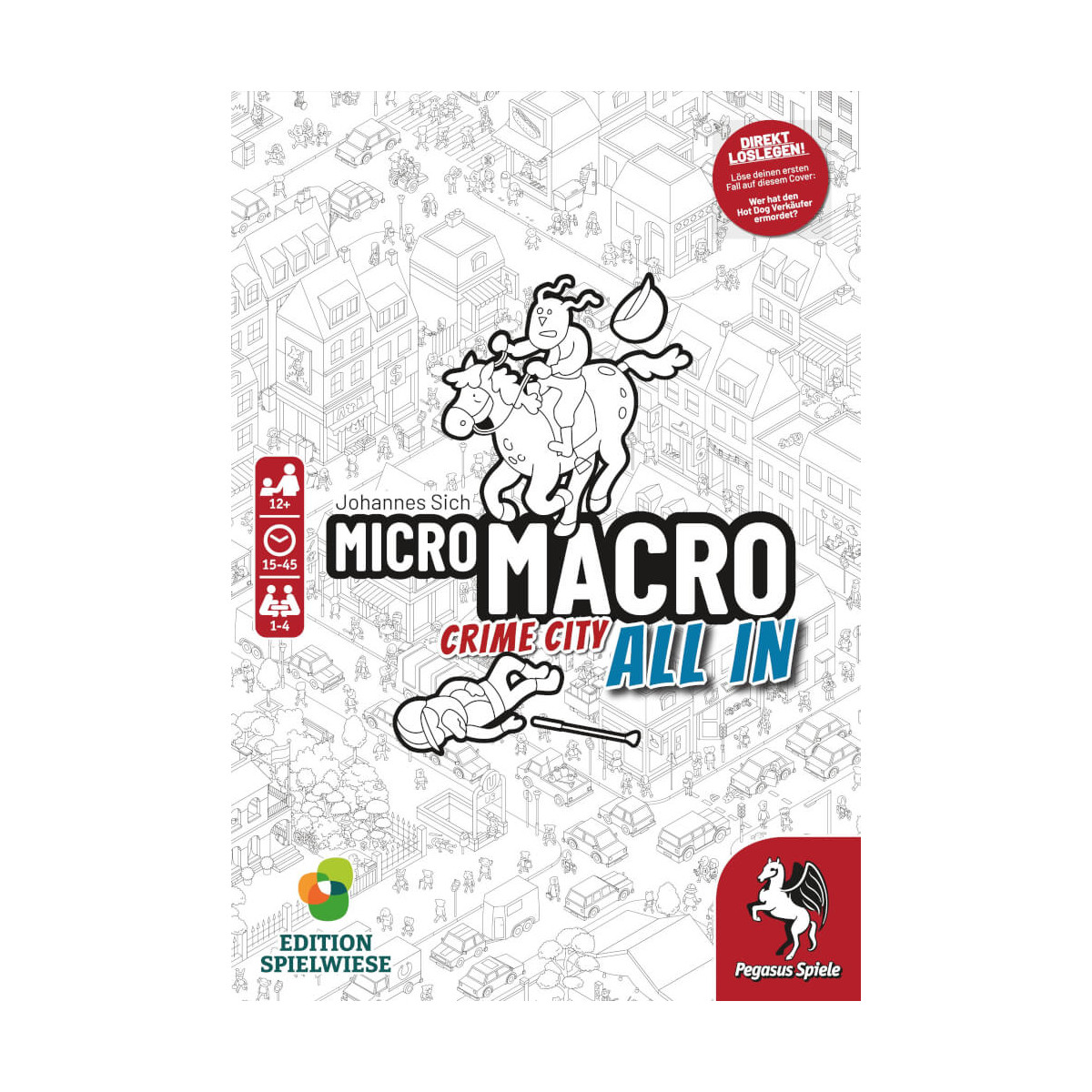 Boxcover von MicroMacro: Crime City All In mit Cartoonfiguren in einer detailreichen Stadtszene.