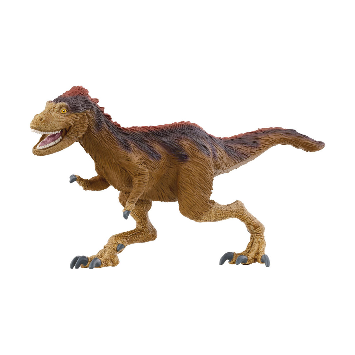 Braun-beige Dinosaurier-Spielzeugfigur mit offenem Maul und Krallenfüßen, in Laufpose aufgestellt.