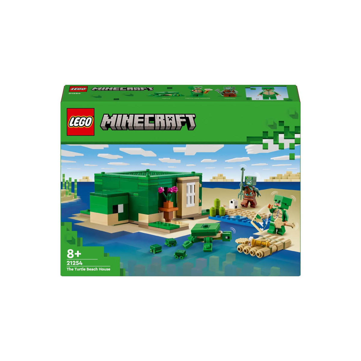 LEGO Minecraft Turtle Beach House Set mit grünem Haus, Schildkröten und Minecraft-Figuren.