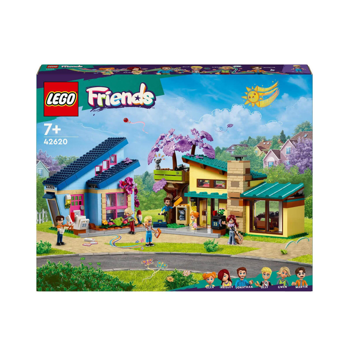 LEGO Friends Set 42620 mit bunten Häusern, Figuren und Parkmotiv für Kinder ab 7 Jahren.