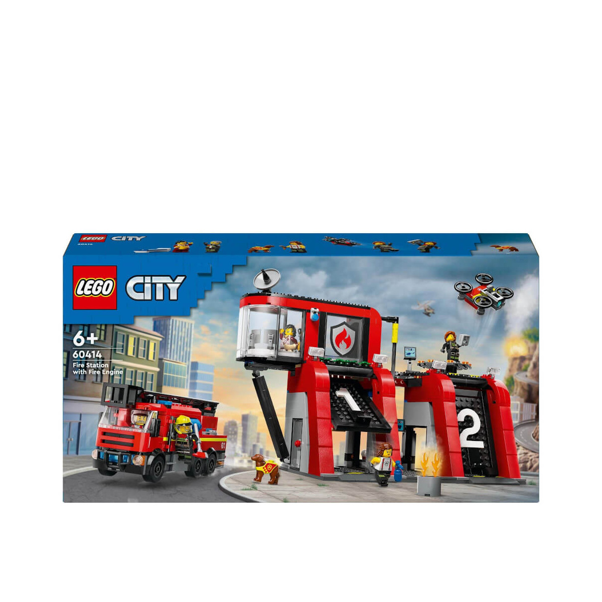 LEGO City Feuerwehr-Set mit Löschfahrzeug, Feuerwehrleuten, Drohne und Feuerszene auf der Verpackung.