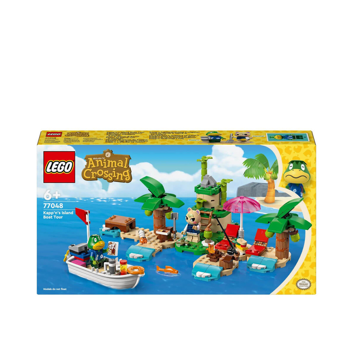 LEGO Animal Crossing Set: Kapp’ns Insel-Bootstour mit Boot, Insel und Palmen auf der Verpackung.